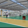 Bright Industrial Factory Interior With Workers Machinery Green Floor High Ceiling And Windows