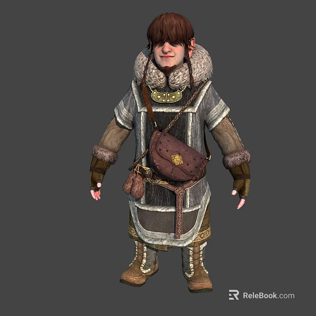 3D Character Model in Traditional Outfit With Animal Fur Collar Decorative Belt And Leather Pouch 3d model 