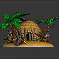 Commercial Tropical Themed Decorative Equipment With Thatched Hut Palm Trees And Boat