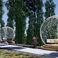 Scenic Park Landscape With Tall Trees And White Wire Mesh Spherical Structures Wooden Platforms Benches
