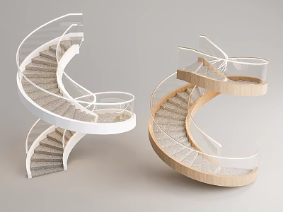 Elegant Modern Spiral Staircase Design With Glass Railing And Wooden Treads 3d model