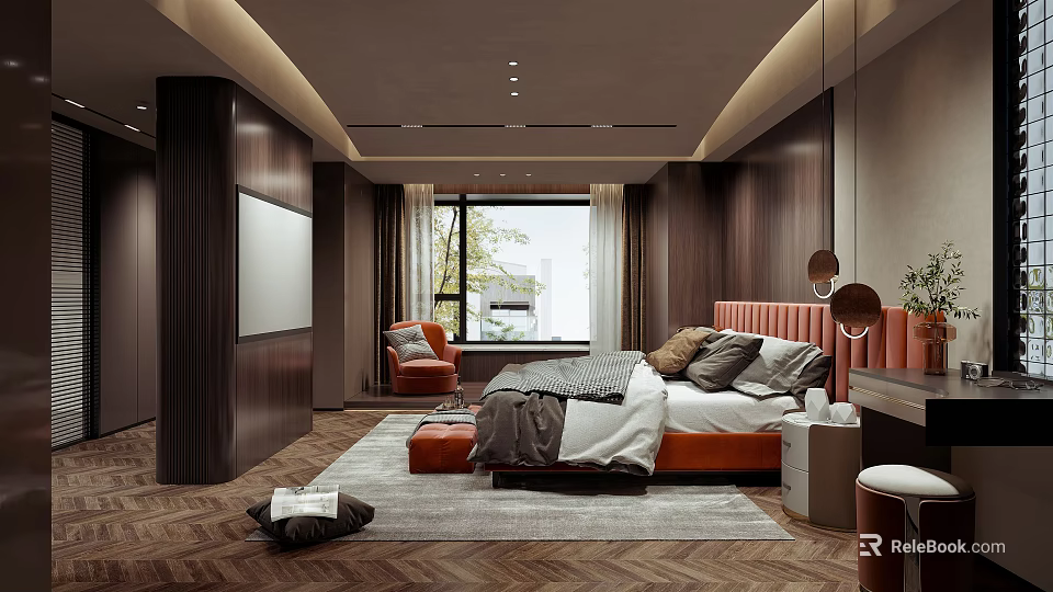 Modern Bedroom Interior With Dark Wooden Walls Orange Headboard And Herringbone Flooring 3d model 