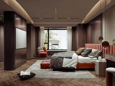 Modern Bedroom Interior With Dark Wooden Walls Orange Headboard And Herringbone Flooring 3d model