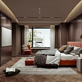 Modern Bedroom Interior With Dark Wooden Walls Orange Headboard And Herringbone Flooring
