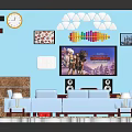 Cozy Living Room Interior With Blue Walls Window Clock TV Colorful Wall Decor And Sofa