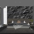 Modern Bedroom Interior With Textured Accent Wall Platform Bed Plush Pillows And Area Rug