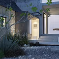 Modern Detached Villa With Stone Wall Large Glass Windows Landscaped Garden And Evening Lighting