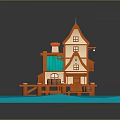 Cartoon Style Orange House With Green Roof On Blue Water Dock Scene