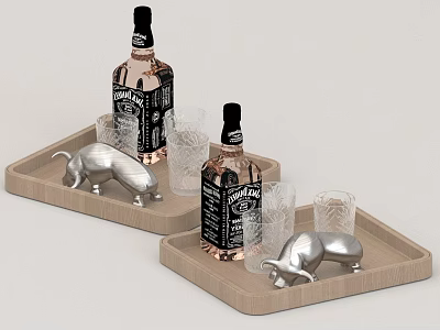Elegant Whiskey Display On Wooden Trays With Glass Cups And Silver Animal Decorations 3d model