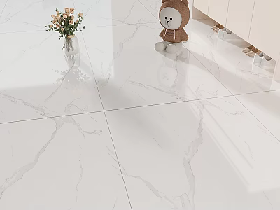 White Marble Tile Floor with Vase of Flowers and Bear Doll in Modern Interior 3d model