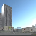 Modern Commercial Complex With Glass Curtain Wall High Rise Buildings Parking Lot Cars And Pedestrians