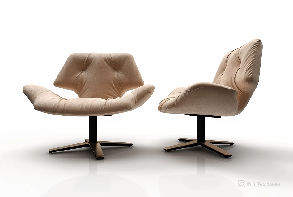 Comfortable Modern Leisure Chairs With Plush Beige Upholstery And Black Star Swivel Base 3d model 