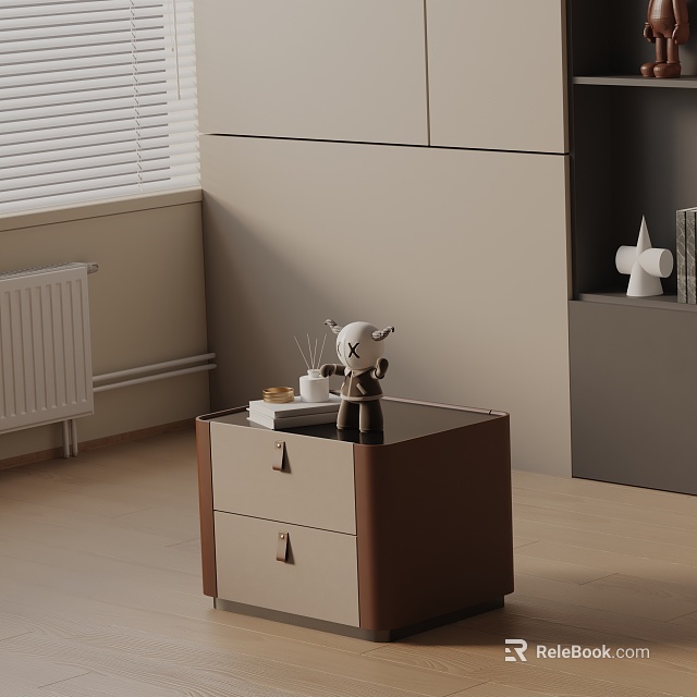 Modern Wooden Beige Nightstand With Two Drawers And Decorative Statue Candle Book 3d model 