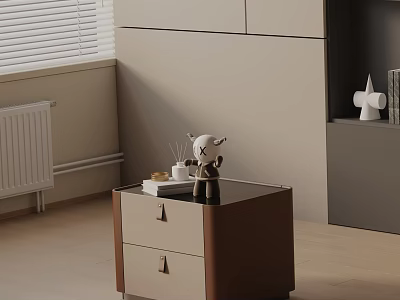 Modern Wooden Beige Nightstand With Two Drawers And Decorative Statue Candle Book 3d model