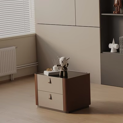 Modern Wooden Beige Nightstand With Two Drawers And Decorative Statue Candle Book 3d model