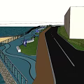 Waterfront Landscape With Green Trees Pedestrian Walkway Bike Lane And Water View