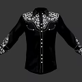 Fashionable Black Shirt With White Floral Patterns On Collar Cuffs And Button Details