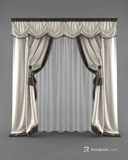 Elegant White Satin Curtains With Decorative Valance And Dark Tiebacks Sheer Inner Layer 3d model 