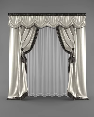 Elegant White Satin Curtains With Decorative Valance And Dark Tiebacks Sheer Inner Layer 3d model