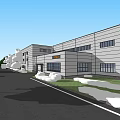 Modern Industrial Factory Exterior With White Facade Large Windows And Greenery
