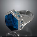 Elegant Silver Ring With Hexagonal Blue Gemstone And Intricate Engraved Design Details 3d model