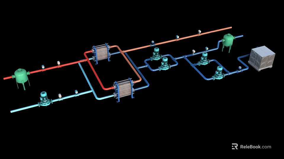3D Engineering Layout Of Industrial Equipment Piping System With Pumps And Heat Exchangers 3d model 