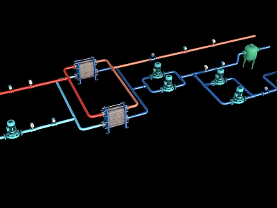 3D Engineering Layout Of Industrial Equipment Piping System With Pumps And Heat Exchangers 3d model