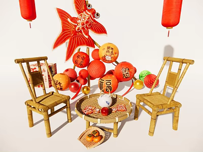 Chinese New Year Art Installation Featuring Red Lanterns Goldfish Decoration Oranges And Fu Characters 3d model