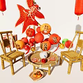 Chinese New Year Art Installation Featuring Red Lanterns Goldfish Decoration Oranges And Fu Characters