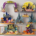 Spooky Halloween Decorative Displays With Castle Pumpkin Ghost And Spider Elements 3d model