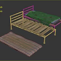 Rustic Wooden Slats Metal Bed Frame With Green Mattress And Striped Cushion