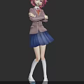 Anime Style 3D Character With Pink Pigtails Red Bow Gray Coat And Purple Eyes