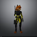 3D Anthropomorphic Red Fox Character In Black Yellow Suit Holding Weapon