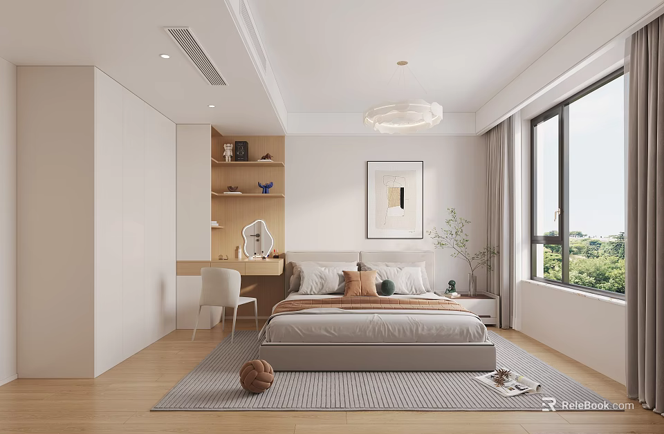 Modern Bedroom Interior With Bed Desk Chair Shelf Large Window Soft Rug And Decorative Painting 3d model 