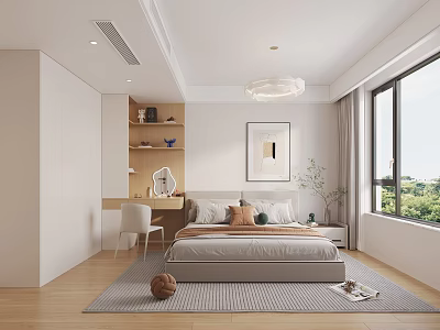 Modern Bedroom Interior With Bed Desk Chair Shelf Large Window Soft Rug And Decorative Painting 3d model