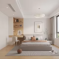 Modern Bedroom Interior With Bed Desk Chair Shelf Large Window Soft Rug And Decorative Painting