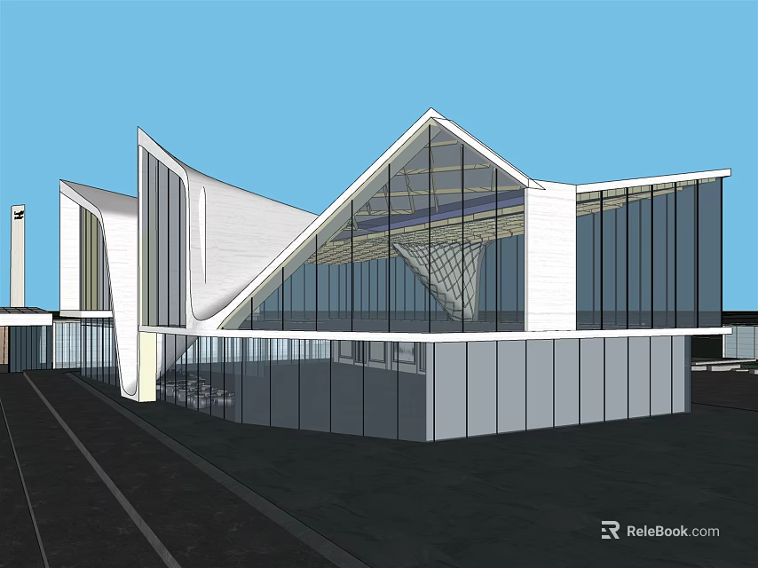 Modern Sales Office Building With Large Glass Curtain Walls And Angular Roof Design 3d model 