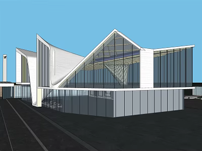 Modern Sales Office Building With Large Glass Curtain Walls And Angular Roof Design 3d model