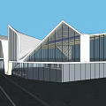 Modern Sales Office Building With Large Glass Curtain Walls And Angular Roof Design