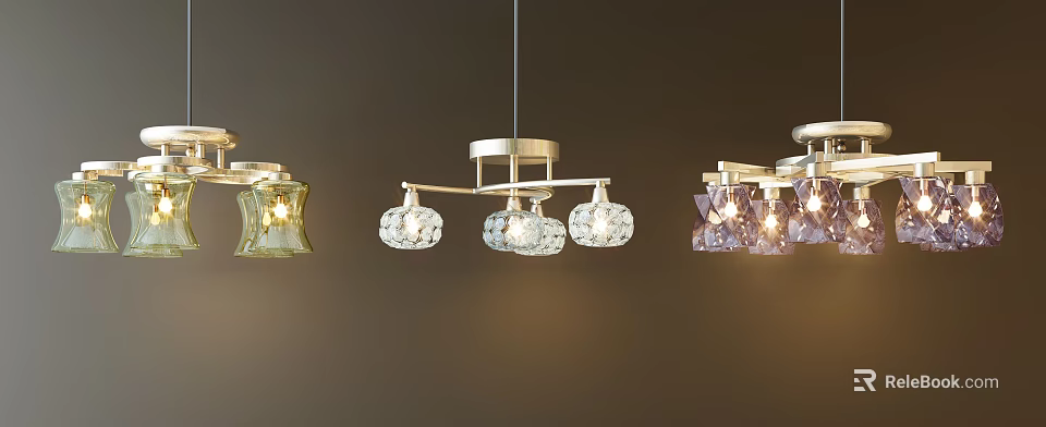 Various Design Chandeliers With Glass Shades Metal Frames And Glowing Lights 3d model