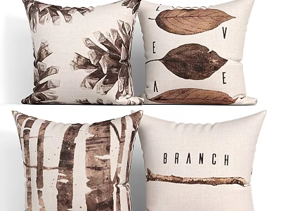 Natural Themed Decorative Pillows with Pinecones Leaves Branch Texture and Print 3d model