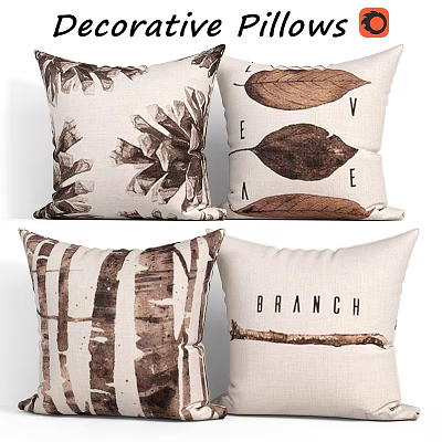 Natural Themed Decorative Pillows with Pinecones Leaves Branch Texture and Print 3d model