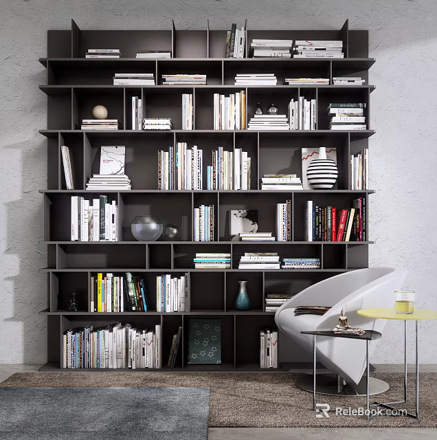 Modern Multilayer Bookcase Filled With Books And Decorative Items Near White Chair And Small Table 3d model 