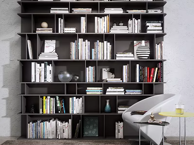 Modern Multilayer Bookcase Filled With Books And Decorative Items Near White Chair And Small Table 3d model