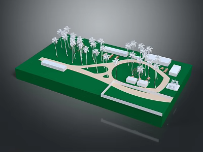 Cartoon Scene Featuring Green Ground Palm Trees Curved Path And Small Buildings 3d model