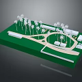 Cartoon Scene Featuring Green Ground Palm Trees Curved Path And Small Buildings