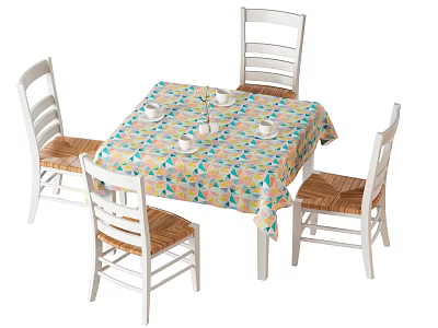 Colorful Patterned Tablecloth Dining Table Set with Four White Frame Chairs and Woven Seats 3d model