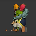 Playful Green Cartoon Character With Red Cactus Crown Torch Shield And Wings