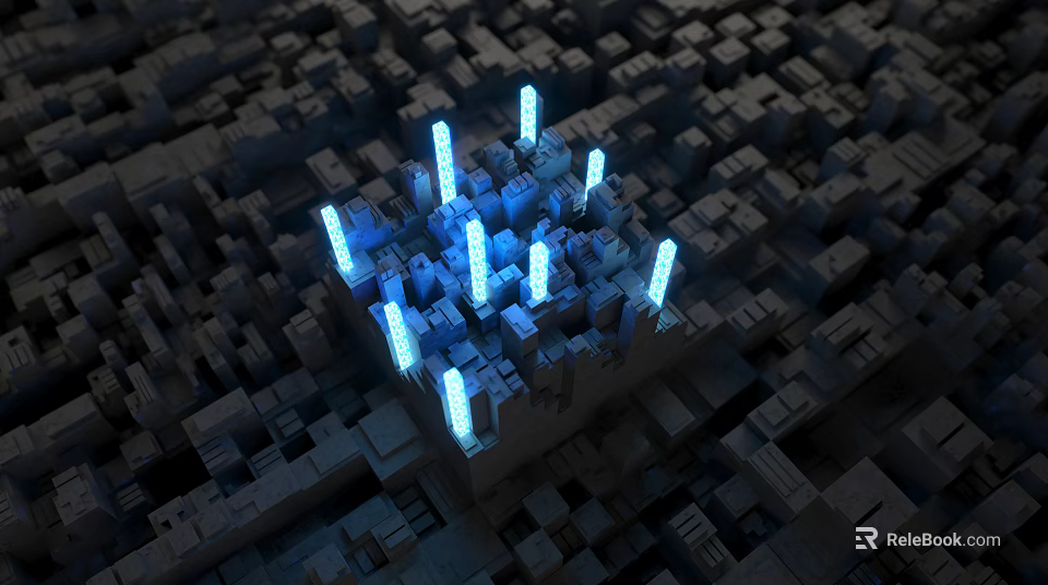 Cartoon Sci Fi City Scene With Glowing Block Buildings And Futuristic Design 3d model 