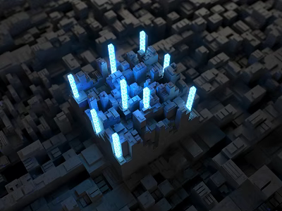Cartoon Sci Fi City Scene With Glowing Block Buildings And Futuristic Design 3d model